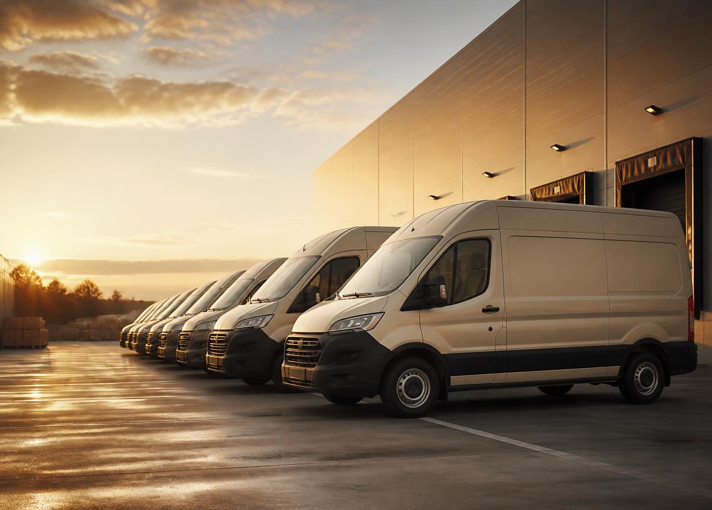 Fleet of delivery vans lined up at dawn